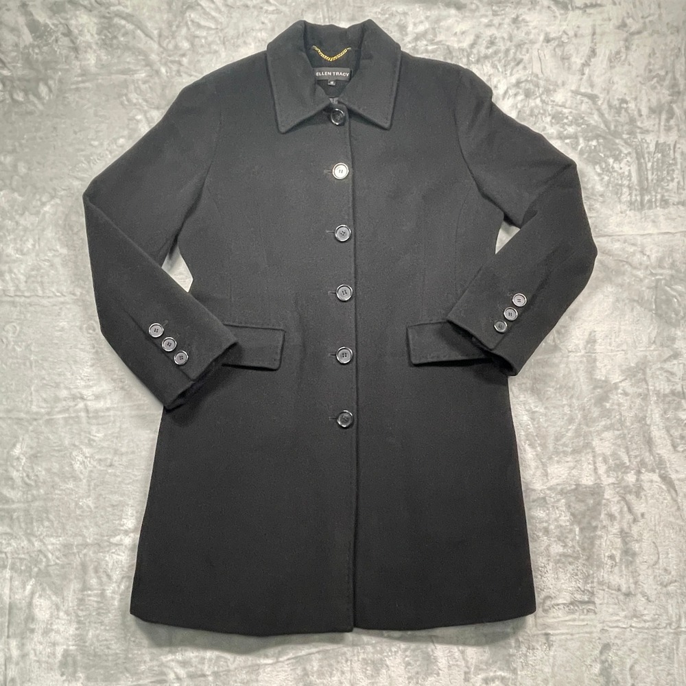 Ellen Tracy Wool Angora Coat Womens Black Single Breasted Long Sleeve Size 14